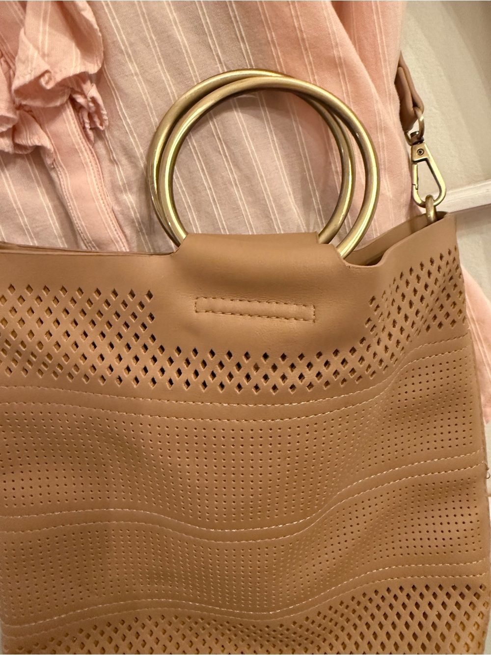 Anthropologie Tan Perforated Ring Handle Crossbody Bag - Vegan Leather Tote - Picture 11 of 11